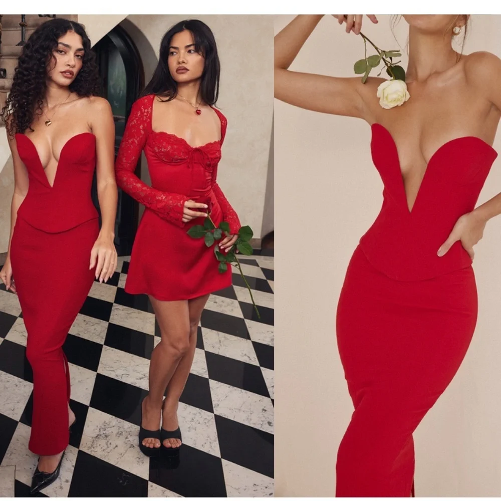 HOUSE OF CB SET‎  'Lydia' Red Rose Plunge Corset Martinez Skirt NWOT size XS